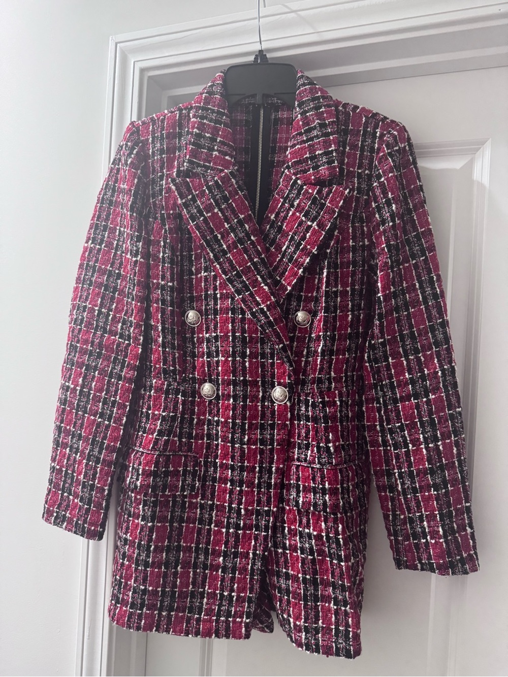 VENUS Sexy Burgundy Plaid Double-Breasted Tweed Romper